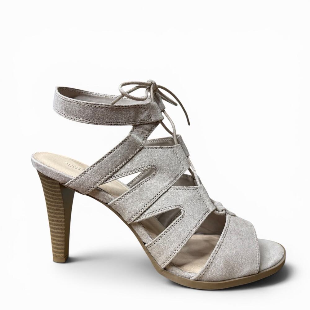 Vera Wang Sandal Heels Strappy Faux Suede Stiletto Taupe Formal Business Sz 10